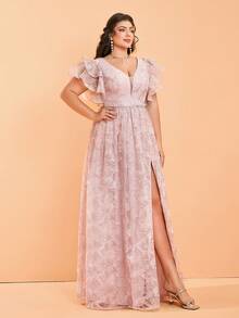 Plus Size V-Neck Embroidered Lace Ruffle Sleeve Front Slit High-End Evening Dress (Non Positioned Flower), Bridesmaid Dress - Dusty Pink - View 4