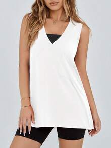 Fisoew Women's Oversized V-Neck Tank Top - Summer Sleeveless Flowy Tunic Tee | Casual Loose Fit Y2K Streetwear | Workout Gym Yoga Basic Top | Cropped Fashion Must-Have Plus Size Friendly - White - View 6