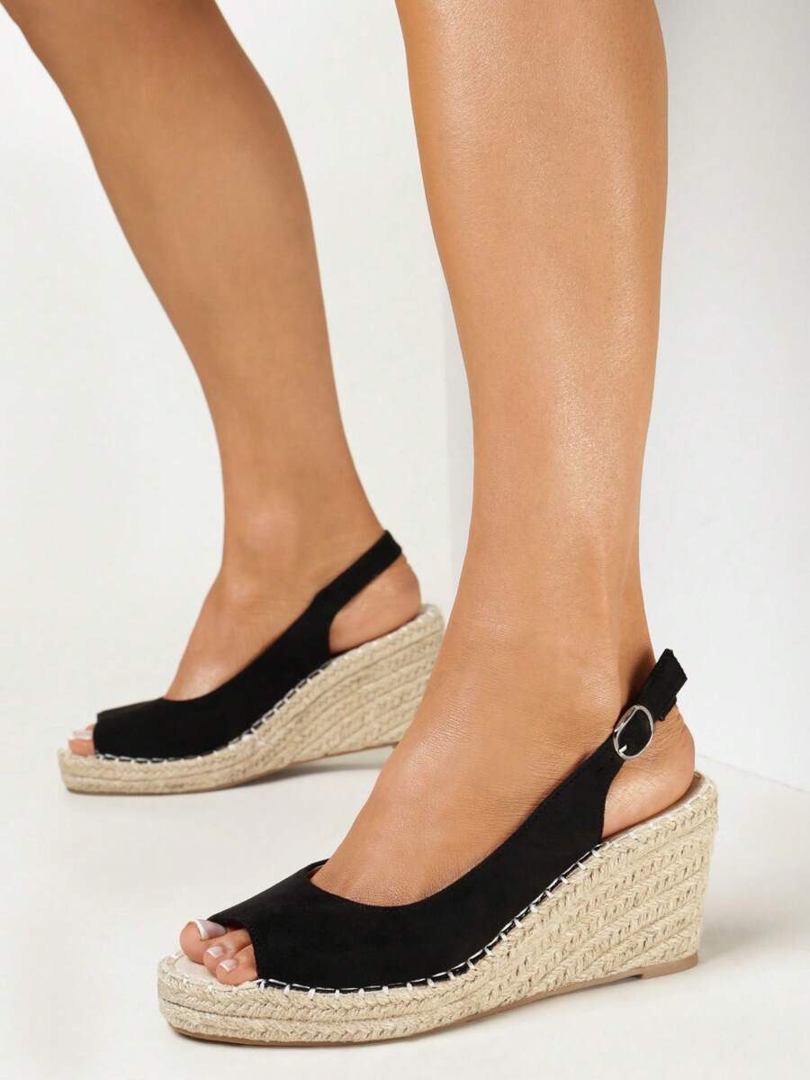 Wedge Sandals In Woven Design With Buckle, Casual Summer Holiday - Black - View 1