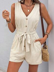 Women's Summer Shorts Jumpsuit Stripe Print Sleeveless V-Neck Rompers With Belt And Pockets - 卡其色 - 查看 1