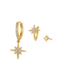 2Pcs/3Pcs Copper Alloy Stud Earrings Set With 8-Pointed Star Zirconia Stone Design, Suitable For Women Daily Use, Gifts, Parties