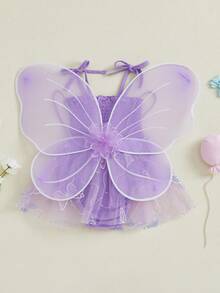 Fairy 1st Birthday Girl Outfit Tie-Up Tull Romper Dress With Butterfly Wings Cake Smash Photo Shoot Clothes - Màu tím - Xem 2