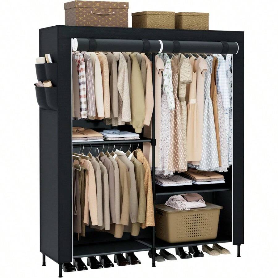 CASAMAYA Clothes Rack Portable Closet 55.1 Inch Large Capacity Wardrobe Closet Clothes Storage Organizer With Shees And 5 Hanging Rods Easy To Assembly Black PCT122B01 - Black - View 1