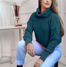Women's Cold Weather Blouse Turtleneck Knitted Sweater - 青碧色 - 查看 5