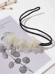 1pc New Flower Bun Maker For Women, Handmade Ivory Flower Hair Accessory With Net And 3 Flower Decorations, Suitable For Elegant Hairstyles Hair Ties Ponytail Holders Hair Elastics Hair Rubber Bands Scrunchies Hair Rope Elastic Hair Tie