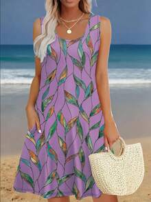 Plus Size Women's Fashion Printed Casual/Holiday Style Sleeveless Dress With Pockets, Summer - Purple - View 3