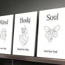 3 piezas Cuadros de pared con marco de madera, pinturas decorativas de lienzo - "Mente y Body", "Avanzando con los Tiempos", "Declaración de Energía Positiva", Mural Zen, Arte de Línea Blanco y Negro, Decoración de Pared para el Hogar, Dormitorio, Sala de Estar