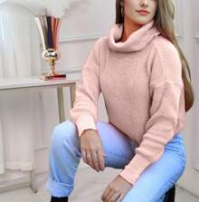 Women's Cold Weather Blouse Turtleneck Knitted Sweater - Baby Pink - View 5