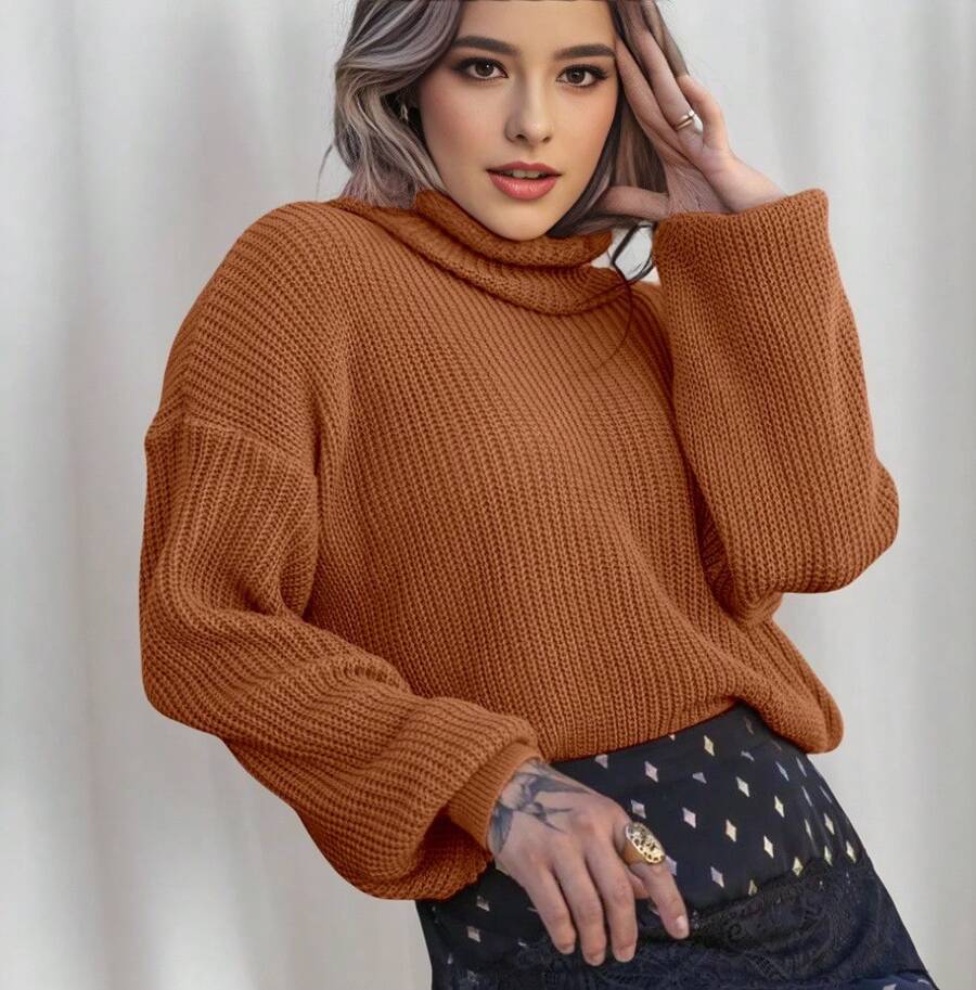 Women's Cold Weather Blouse Turtleneck Knitted Sweater - Mocha Brown - View 1