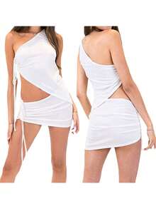 Women Summer 2 Pieces Outfits Solid Color One Shoulder Side Tie-Up Sleeveless Irregular Tank Tops And Mini Skirts Set - White - View 5