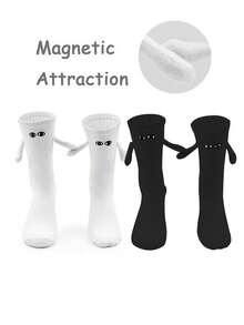 1/2/4/5/10 Pairs Magnetic Couple Socks, Cute Stick-Together Automatically Holding Hands Mid-Calf Socks, Spring/Autumn - Black and White - View 1