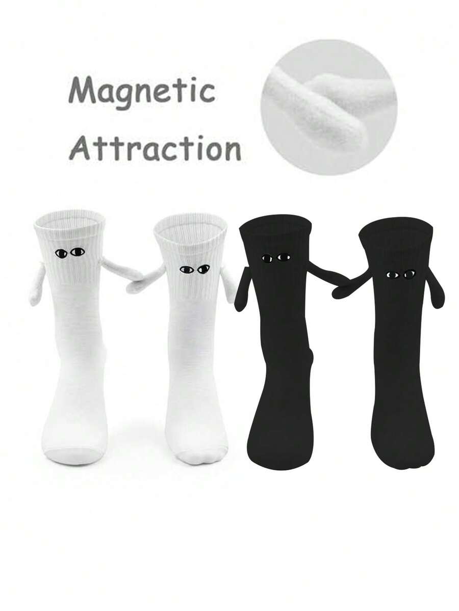 1/2/4/5/10 Pairs Magnetic Couple Socks, Cute Stick-Together Automatically Holding Hands Mid-Calf Socks, Spring/Autumn - Black and White - View 1