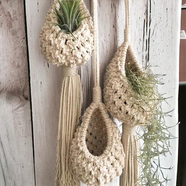 3PCS Macrame Plant Hanger, Indoor Green Plant Decor Hanging Baskets, Minimalist Tassel Macrame Wall Hanging, Handmade Woven Hanging Planter Net Bag