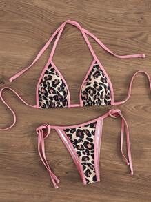 Women's Halter Neck Backless Leopard Print Patchwork Bikini Top And Bottom Casual Suit Summer
