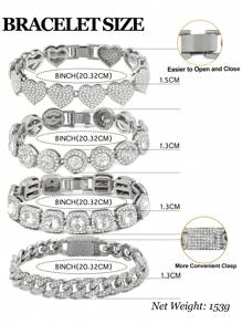 1 Stück/4 Stücke Hiphop Armband für Herren und Damen, rundes oder quadratisches Herz mit voll besetzten Strass, mehrlagige Ketten-Armband Set in Gold und Silber, funkelnde Eisenkette Metall Miami Armband Schmuck zum Valentinstag