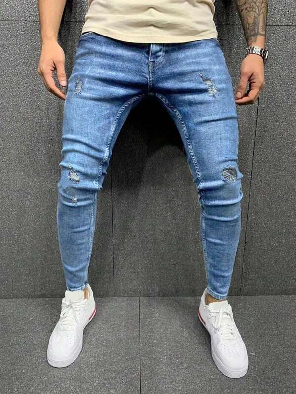 Men's Casual Pocket Ripped Elastic Denim Jeans