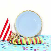 10pcs/20pcs/40pcs/Set,Light Blue Paper Scalloped Plates With Gold Foil9 Inch 7 Inch Disposable Blue Scalloped Dinner Plates For Wedding Shower Birthday Party Dessert Plate - Blue - View 5