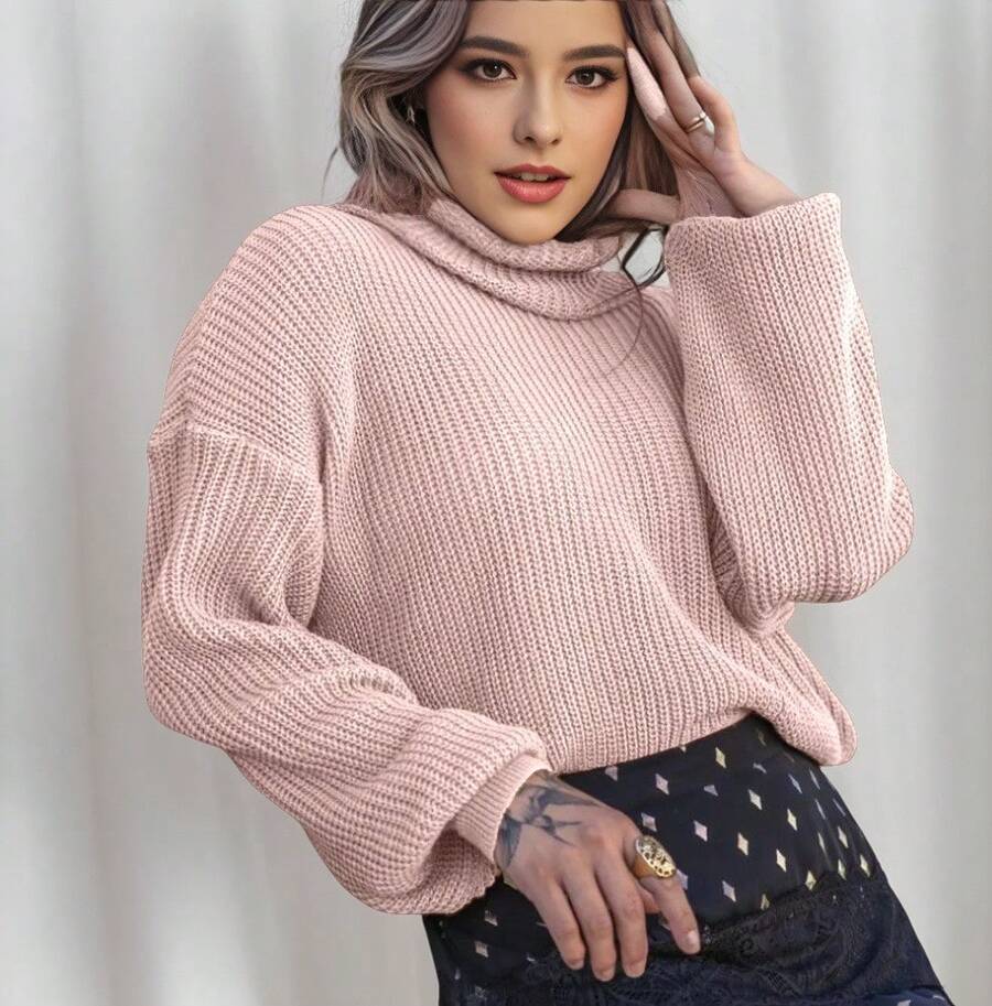 Women's Cold Weather Blouse Turtleneck Knitted Sweater - Baby Pink - View 1