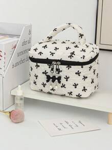 1 Black & White Color Matching Cosmetic Bag With Bow Pattern, Multifunctional Makeup Storage Bag
