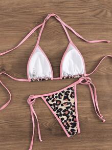 Women's Halter Neck Backless Leopard Print Patchwork Bikini Top And Bottom Casual Suit Summer