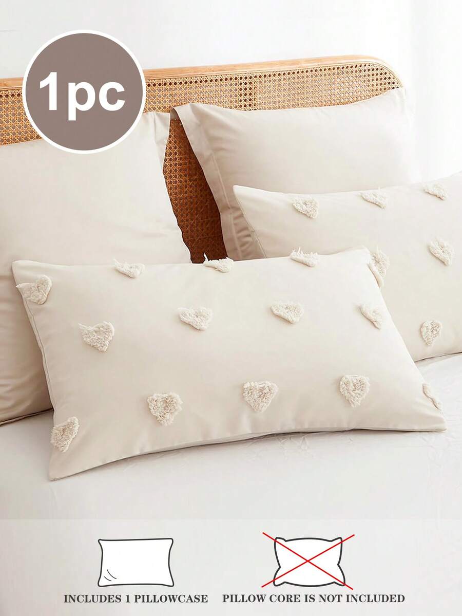 1pc Beige Solid Quilted Heart Pattern Pillowcase, Cutout Design, Super Soft, Suitable For All Seasons, Cute Pillowcase (Pillow Insert Not Included), Size: Twin, Full, Queen, King - Beige - View 1