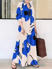 Women's Long Sleeve Midi Shirt Dress, Fashionable For Summer