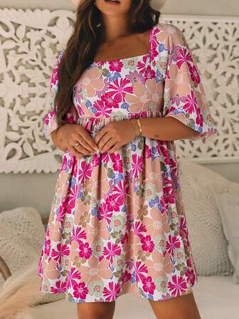 Boho Floral Square Neck Puff Sleeve Babydoll Dress