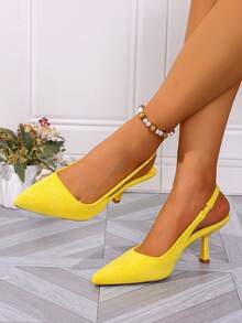 Fall/Winter High Heel Pointed Toe Solid Color Slingback Thin Heel Pumps For Party & Outdoor, Elegant, Kitten Heels - Yellow - View 3