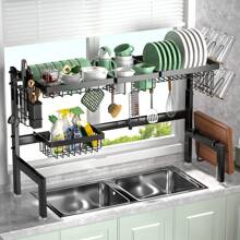 Escurreplatos ajustable de 2 niveles (66-85 cm) para sobre el fregadero, secador de platos de acero inoxidable con soporte para tabla de cortar, gran escurridor de platos para organizar el espacio en la encimera de la cocina