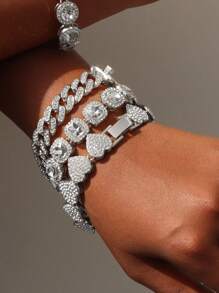 1 Stück/4 Stücke Hiphop Armband für Herren und Damen, rundes oder quadratisches Herz mit voll besetzten Strass, mehrlagige Ketten-Armband Set in Gold und Silber, funkelnde Eisenkette Metall Miami Armband Schmuck zum Valentinstag