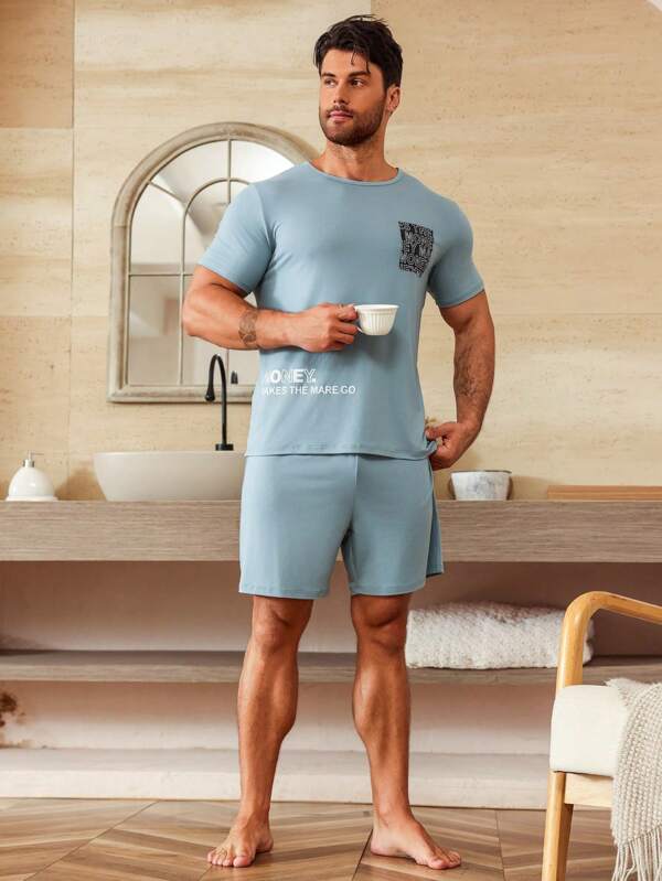 Pijama de 2 piezas para hombre con camiseta de manga corta y pantalón corto, ligero, corte holgado, unicolor, moda ropa de dormir, primavera/verano