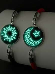 2pcs/Set Bohemian Style Glow In The Dark Sun, Moon & Star Charm Bracelets, Glass Inlaid Nylon Rope, Fashion Couples Jewelry Gift Set, Suitable For Party, Music Festival, Halloween/Christmas, Thanksgiving, Year-Round Wear