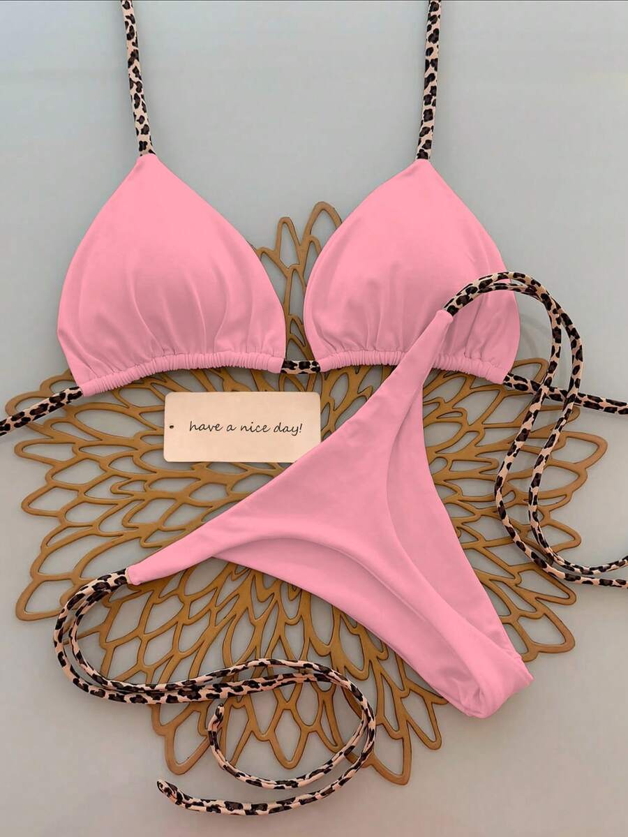 2件套女士极简性感挂脖系带豹纹比基尼泳衣度假沙滩夏季粉色 - 粉色 - 查看 1