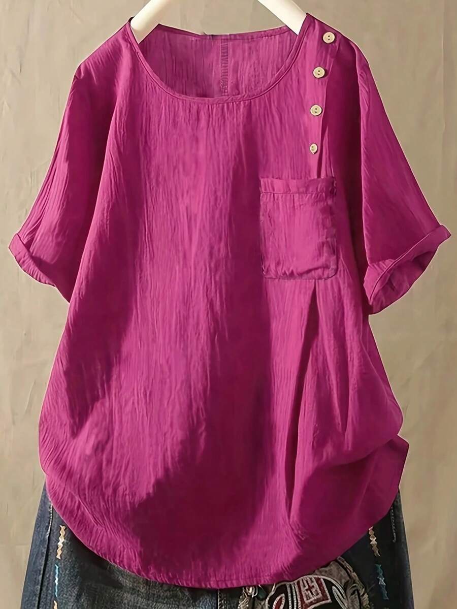 Plus Size Solid Color Button Pocket Blouse, Minimalist Fashion, Suitable For Summer - Pink - View 1