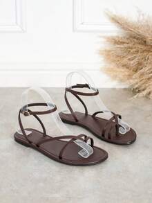 Women's Fashion Round Toe Metal Strap Comforta Ble Versatile One-Buckle Flat Sandals - Chocolate Brown - View 6