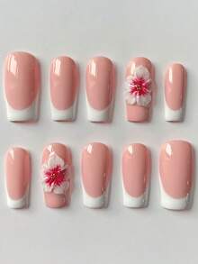 10Pcs French Hand-Pressed Nails, Medium-Length, Square, Simple Style, White French Fingertips, Pink Base Color, 3D Hand-Pinched Flowers, Suitable For Girls' Daily, Party, Holiday Decoration, Removable And Reusable, With Jelly Glue And Nail File Nail Supplies Nails - Multicolor - View 7