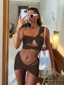 New Arrival Spring/Summer Sexy Solid Color Brown One-Shoulder Women's Bikini Swimsuit, Beach Holiday Party Date - Khaki - View 1