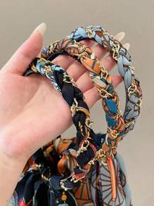 1pc Retro Floral Braided Headband, Women High-End Chiffon Bowknot Elastic Hair Hoop, Female Satin Printed Hairband With Tassel Design,Hairband,Hair Hoop Headbands