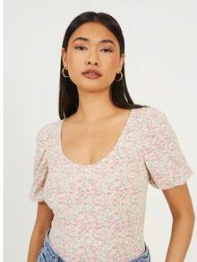 brave soul Ditsy Floral Puff Sleeve Bodysuit, White - White - View 3