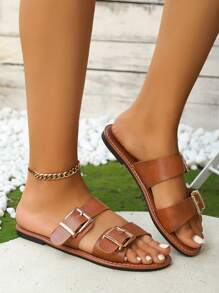 Nuevas sandalias planas, sandalias planas con doble hebilla, abiertas de dedo, retro minimalista, ligeras para playa. Disponibles en marrón, negro, blanco, color café con correa de múltiples hebillas y sandalias elásticas ajustables