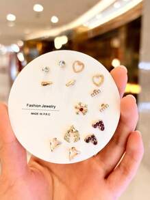 14pcs Elegant Mini Weekly Earring Set, Korean Style Versatile Rhinestone Ear Jewelry