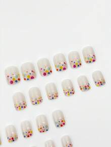 24pcs/Set Short Square Polka Dot Glossy Nail Stickers, Full Coverage Fake Nails Suitable For Fashionistas, Office Ladies, Parties, Dates And Daily Wear. Nail Art Supplies, Essential For Manicure. - Multicolor - View 2