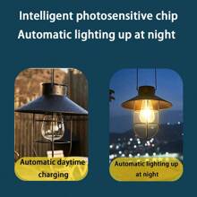 1 Stück Solar betriebene Retro Wolfrram Lampe Laterne, Vintage Stil Pendelleuchte mit schwarzem Metallrahmen und klarem Glas, hochwertig für Garten, Hof, Balkon und Outdoor Dekoration