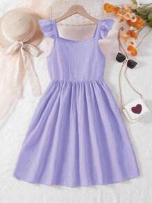 Tween Girl Cap Sleeve Square Neck A-Line Dress With Elastic Waist, Casual Solid Color Mid-Length Dress, Summer Clothing