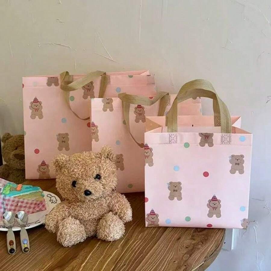 10pcs High-End Cartoon Cute Little Bear Clothing Store Non-Woven Bag Packaging With Shopping Gift Tote Bag Summer Cooling,Beach,Travel
