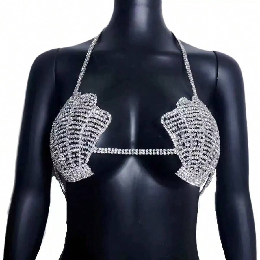 1pc Sexy Seashell & Rhinestone Decorated Bralette, Stylish Body Chain Jewelry For Beach, Nightclub Party, Women