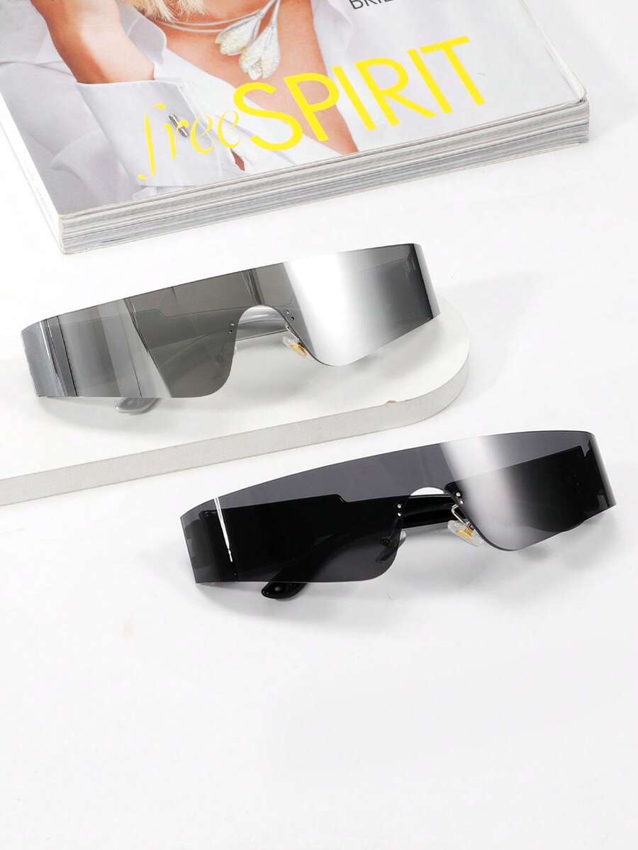 2pcs Frameless Wrapped Fashion Glasses With Y2K Futuristic Technology, Personalized, Versatile Women's Fashion Glasses Suitable For Daily Wear, Street Photography, Vacation, Tourism, Beach Accessories For Summer Beach Vacation,Outdoor,Travel - 2pcs(黑色+銀色) - 查看 1