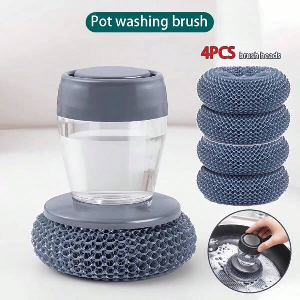 Multi Functional Cleaning Brush, Kitchen Dishwashing Brush, Used For Cleaning Pots, Pans And Utensils, 4-Pcs Brush Heads Can Be Replaced