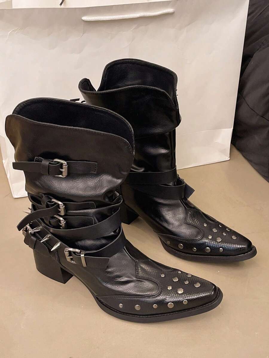 Botas altas con remaches vintage, botas francesas para mujer, botas occidentales versátiles, botas de montar, botas de tobillo