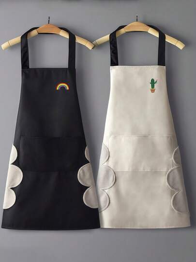 带手帕口袋的围裙，男女通用工作服 - 简约印花设计，家用烹饪围裙 | 简约印花围裙 | 耐用塑料围裙，适用于厨房、客厅、浴室清洁，可水洗